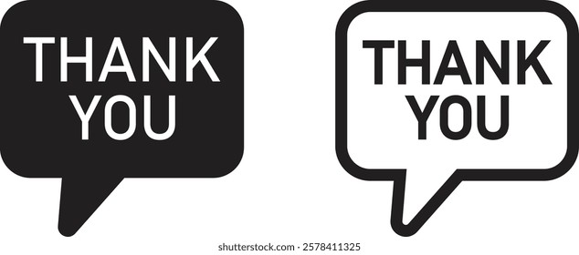 Speech bubble thank you icon set in two styles . Speech bubble icon with gratitude text . Vector