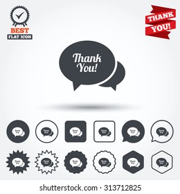 Speech bubble thank you sign icon. Customer service symbol. Circle, star, speech bubble and square buttons. Award medal with check mark. Thank you. Vector