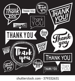 Speech Bubble Thank You. Template vector set hand drawn and typography thanks design element isolated on black background. Use for print or web