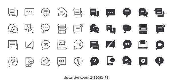 Speech bubble thin line and glyph solid icons collection. Containing chat, dialogue, communication, talking, information icons.