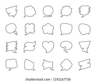 Speech bubble thin line icon set. Outline web sign kit of comic tell. Chat linear icons rectangle frame, cloud, text conversation. Simple message bubble symbol isolated on white. Vector Illustration