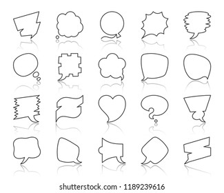 Speech Bubble thin line icons set. Outline web sign comic tell kit Chat Communication linear icon clean space, sale banner Simple speech bubble black contour symbol with reflection vector Illustration