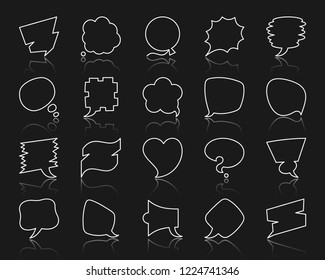 Speech Bubble thin line icons set. Outline comic tell sign. Chat linear icon empty quote square space, sale balloon round. Simple speech bubble white contour symbol with reflection vector Illustration