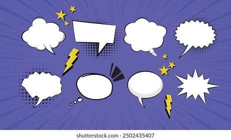 speech bubble thought balloon icon set with comic book elements and halftone effect vector illustration