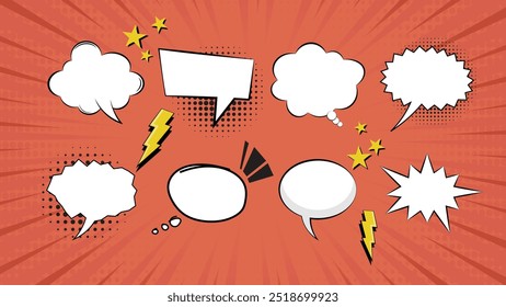 speech bubble thought balloon icon set with comic book elements and halftone effect vector illustration	