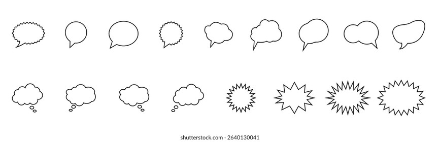 Speech bubble and thought balloon vector collection, comic book style outline chat, dialogue, and shout box shapes.