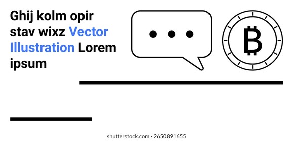 Balão de fala com três pontos, símbolo de bitcoin e elementos de texto. Ideal para moeda digital, comunicação, tecnologia, web design, sistemas financeiros modernos, design de interface e online