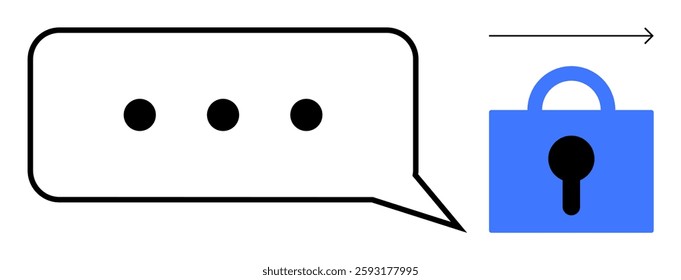 Speech bubble with three dots and a blue padlock representing secure communication and data privacy. Ideal for cybersecurity, encryption, privacy protection, secure messaging, and digital security