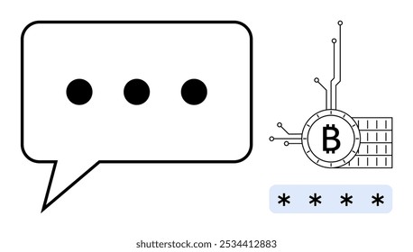 Burbuja de voz con tres puntos que indican comunicación, símbolo de criptomoneda con líneas circulares y campo de Contraseña con cuatro asteriscos. Ideal para fintech, seguridad, criptomonedas, digital