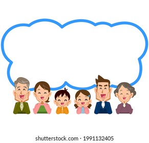 A speech bubble with a three-generation family who smiles and puts on a cheek stick