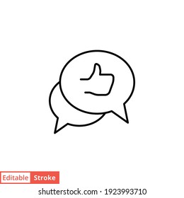 speech Bubble with thumb up line icon. Testimonials and customer relationship management concept. Simple outline style. Vector illustration isolated on white background. Editable stroke EPS 10. 