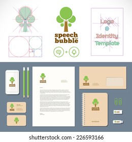 Speech Bubble Tree Logo and Identity Template with Flat Style Stationary Mock up Letterhead Envelope Smartphone Business Cards etc.