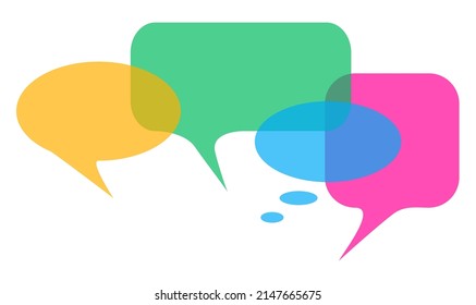 Speech bubble vector collection. Chat message dialog blank clouds in pink blue green yellow. Discussion communication chat message speech bubbles isolated on white. 