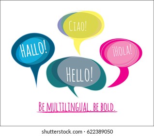 Speech bubble vector doodles. Set of four speech and thought communication bubbles with "Hello" in English, German, Spanish and Italian. Can be used as logo for a language school or translation agency