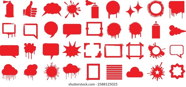 Speech bubble vector icon, spray, paint, splatter, frame, cloud, grunge, explosion, comic, graffiti, abstract red graphic element isolated, vector shape of message, blank ink design art