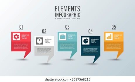 Speech bubble vector infographic with business icons. Five options or processes.