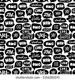 Speech bubble vector seamless pattern. Silhouette doodle speech bubble with dialog words. Hand drawn set of black and white comic elements. Words: LOL, wow, xoxo, ok, super, cool, like, hello etc.