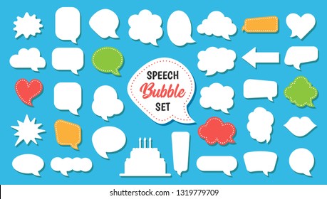 Speech bubble vector set in cartoon style. Empty  white balloons and clouds on blue background with shadows. Good for chat or dialog. Square, round, restangle shapes for social media messages