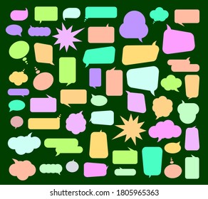 Juego de vectores de burbuja de voz. Diferentes tipos de burbujas de habla aisladas en el fondo negro. Juego de vectores de caja de chat. Conjunto de vectores de historietas.  Conjunto de vectores del cuadro de diálogo.