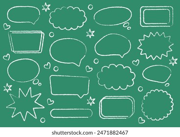 Speech bubble vector set. Hand-drawn crayon cloud message. Grunge white frames on green school board. Collection of banners for chat and advertising. Vintage style. Comic talk balloon.