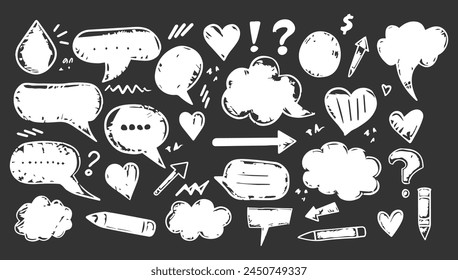 Speech bubble vector set, texture comic talk balloon doodle kit, hand drawn crayon cloud. Comic cloud bubble silhouette, empty dialog, outline conversation message illustration