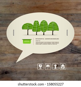 Speech bubble of vintage paper and abstract green tree symbol on wooden texture background, Natural banner idea concept - Vector illustration