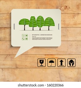 Speech bubble of vintage paper and abstract green tree symbol on wooden texture background, Natural banner idea concept - Vector illustration