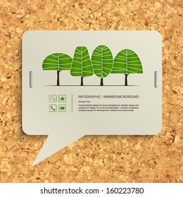 Speech bubble of vintage paper and abstract green tree symbol on cork board texture background, Natural banner idea concept - Vector illustration