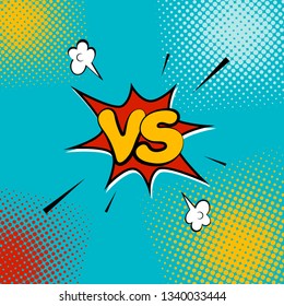 Speech bubble VS on the dots comic background.
Colored pop art style sound effect. Halftone vector illustration banner. Vector illustration in comic style