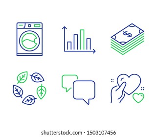 Speech bubble, Washing machine and Diagram graph line icons set. Organic tested, Dollar and Hold heart signs. Chat message, Laundry service, Presentation chart. Bio ingredients. Business set. Vector
