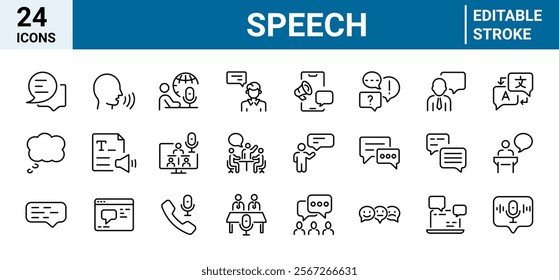 Speech bubble web line icon set. Talk, people, man, user, dialog, chat, discussion. Editable stroke