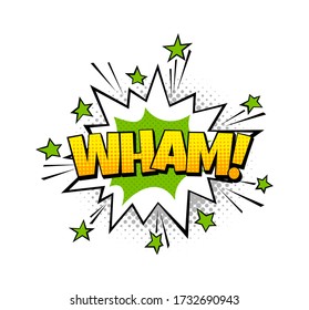 Burbuja del discurso Wham. Globo de arte pop vectorial con efecto de explosión o estallido de explosiones y texto de soumed de historieta de arte