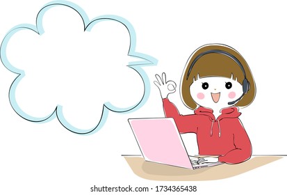 Burbuja del habla con una mujer haciendo teletrabajo con una laptop y auriculares