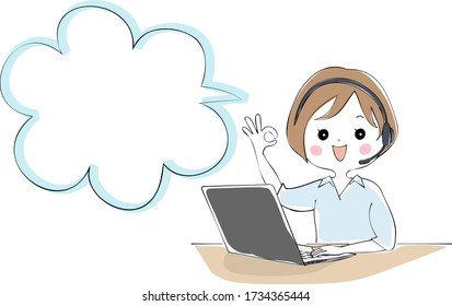 Burbuja del habla con una mujer haciendo teletrabajo con una laptop y auriculares
