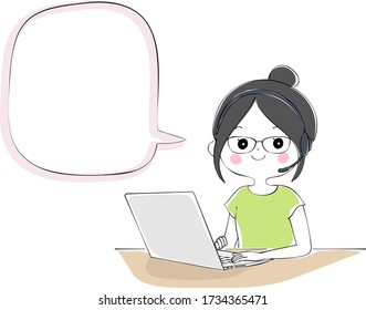 Speech bubble with a woman doing telework with a laptop and headset