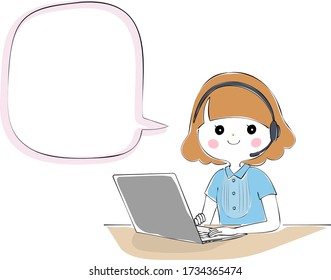 Sprechblase mit einer Frau, die mit einem Laptop und einem Headset Telearbeit macht