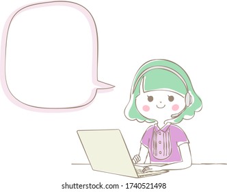 Speech bubble with a woman doing telework on a laptop