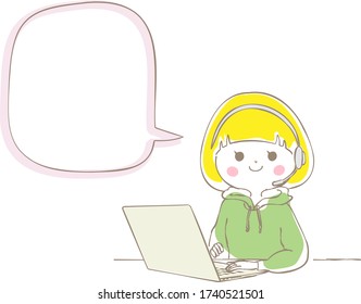 Burbuja del habla con una mujer haciendo teletrabajo en una laptop