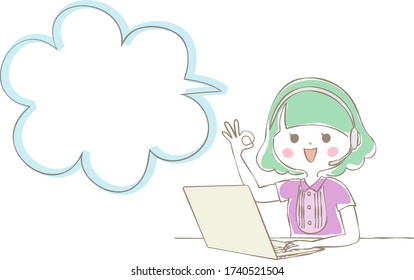 Speech bubble with a woman doing telework on a laptop