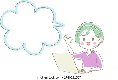 Speech bubble with a woman doing telework on a laptop
