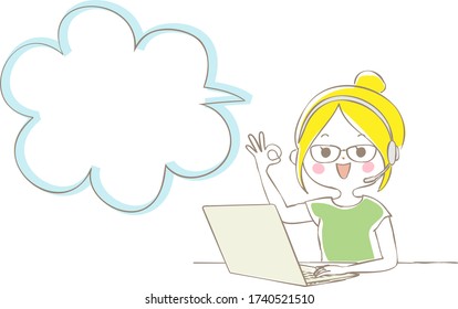 Speech bubble with a woman doing telework on a laptop
