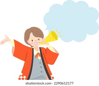 Speech bubble with a woman in a legal coat calling in with a megaphone