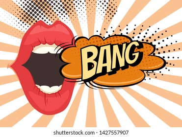 Speech Bubble with Woman lips in Pop-Art Style. Bang sound text.