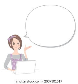 A speech bubble with a woman operating a computer with a smile