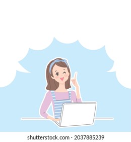 A speech bubble with a woman operating a computer with a smile