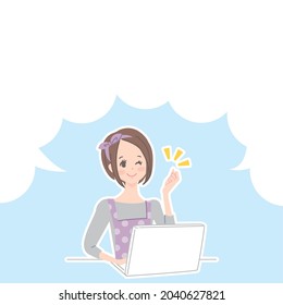 A speech bubble with a woman operating a computer with a smile