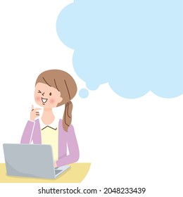 A speech bubble with a woman operating a computer with a smile