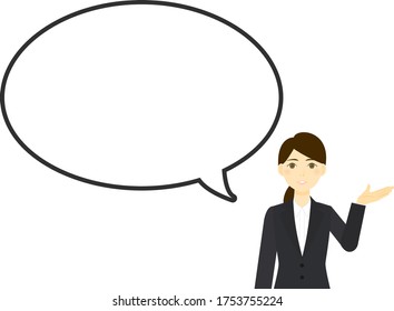 Speech bubble and Woman in a suit guiding by hand