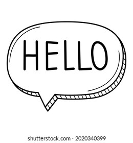Una burbuja de habla con la palabra Hola en el estilo del doodle. Ilustración de vector blanco y negro dibujada a mano. Los elementos de diseño están aislados en un fondo blanco