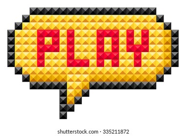 Speech bubble with the word play. The icon at 8bit style isolated on white background